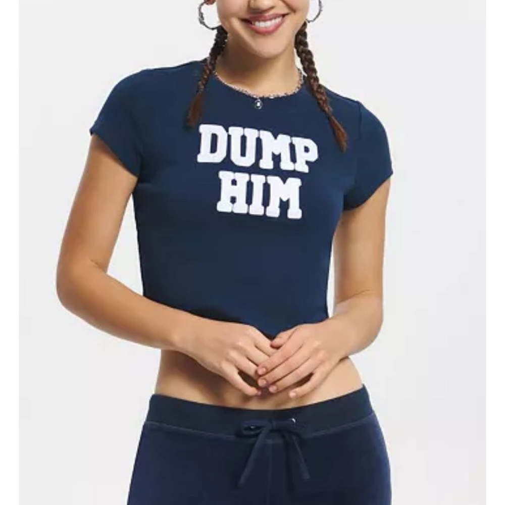 🤍 Juicy Couture DUMP HIM Graphic Navy Baby Tee Stitched Bold Print Tee Sz XL NWT